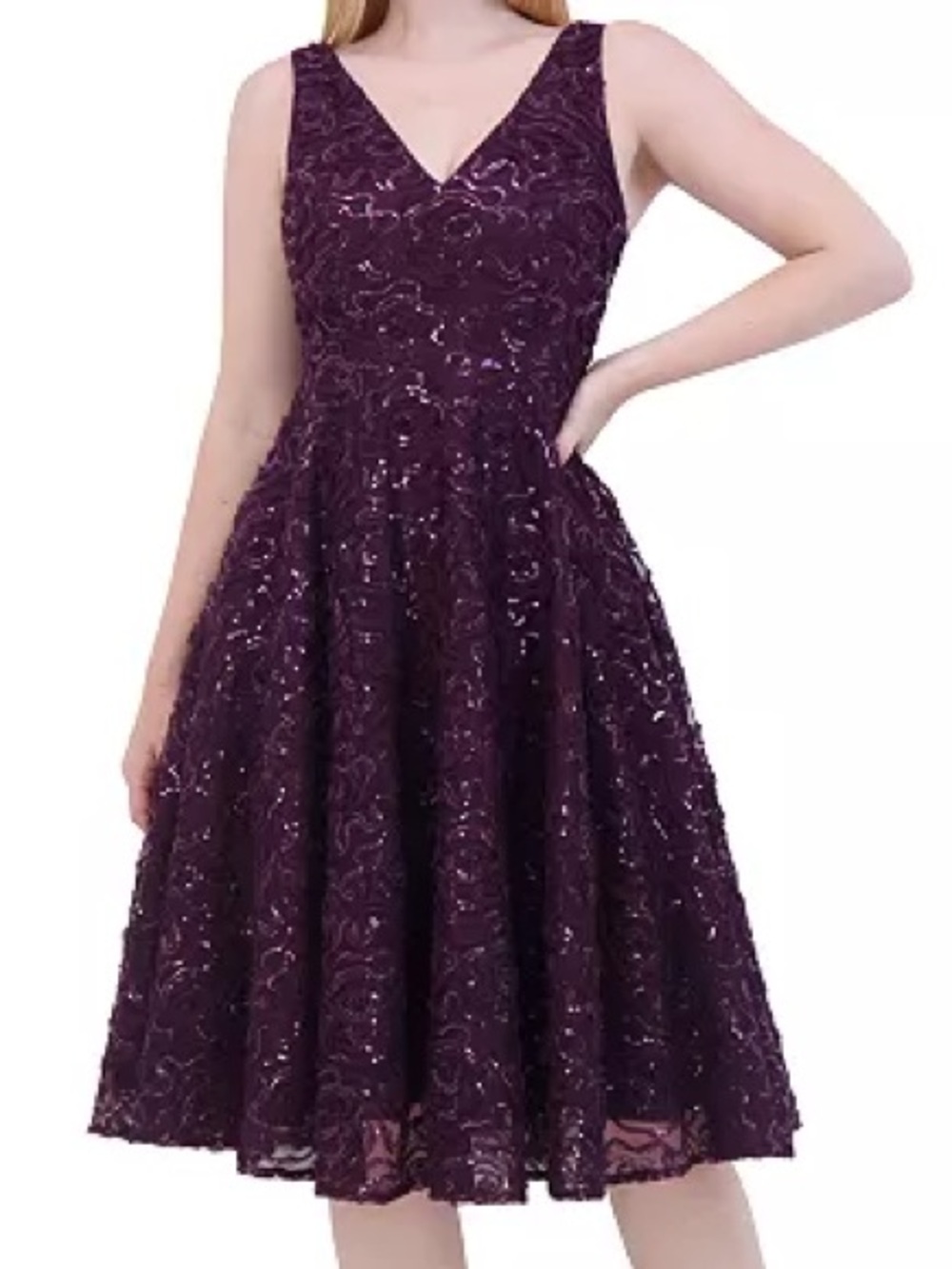 Eliza J Sequin Soutache sleeveless A line dress in Plum